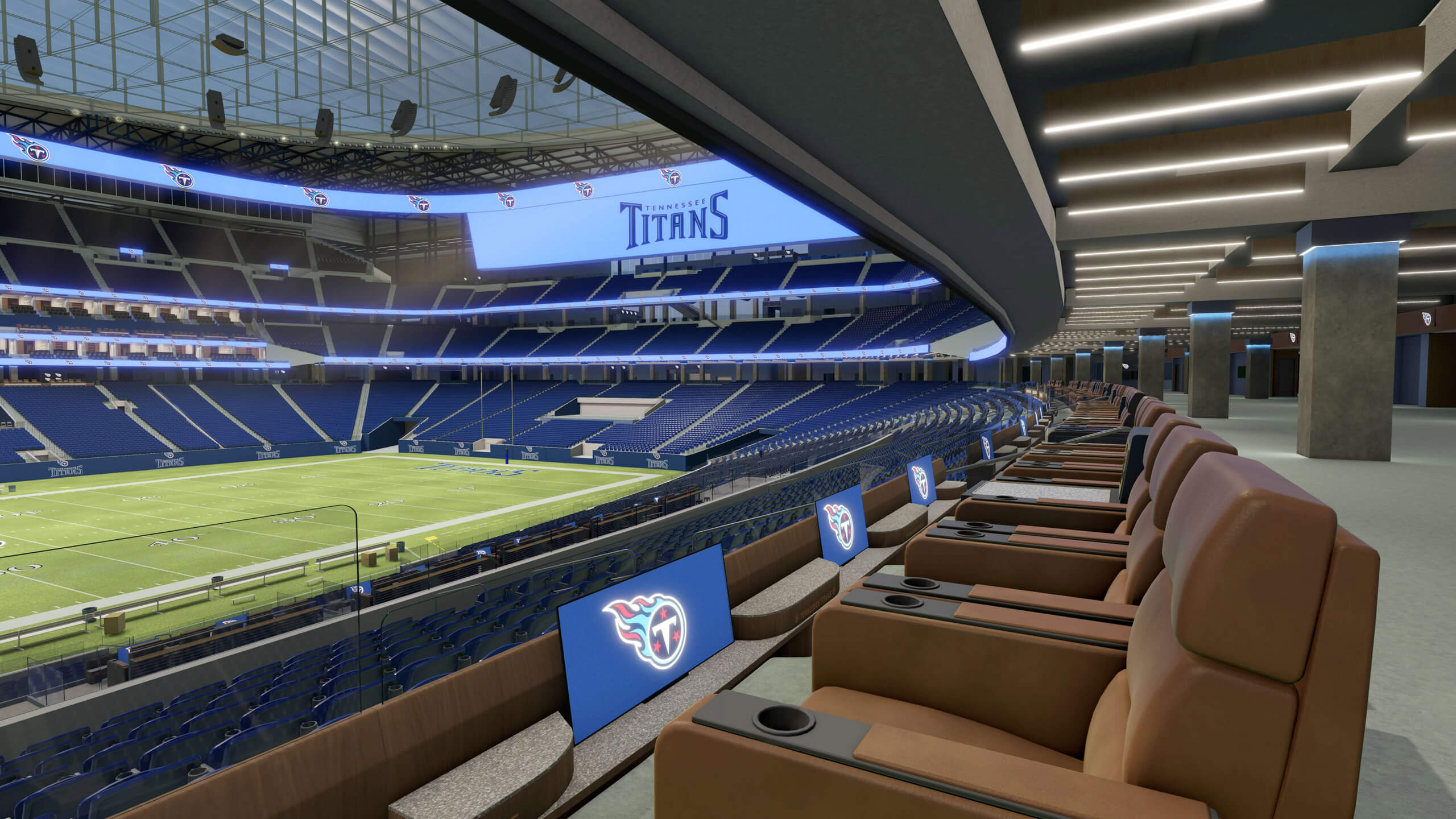 Premium club seating with field views inside the new Tennessee Titans stadium