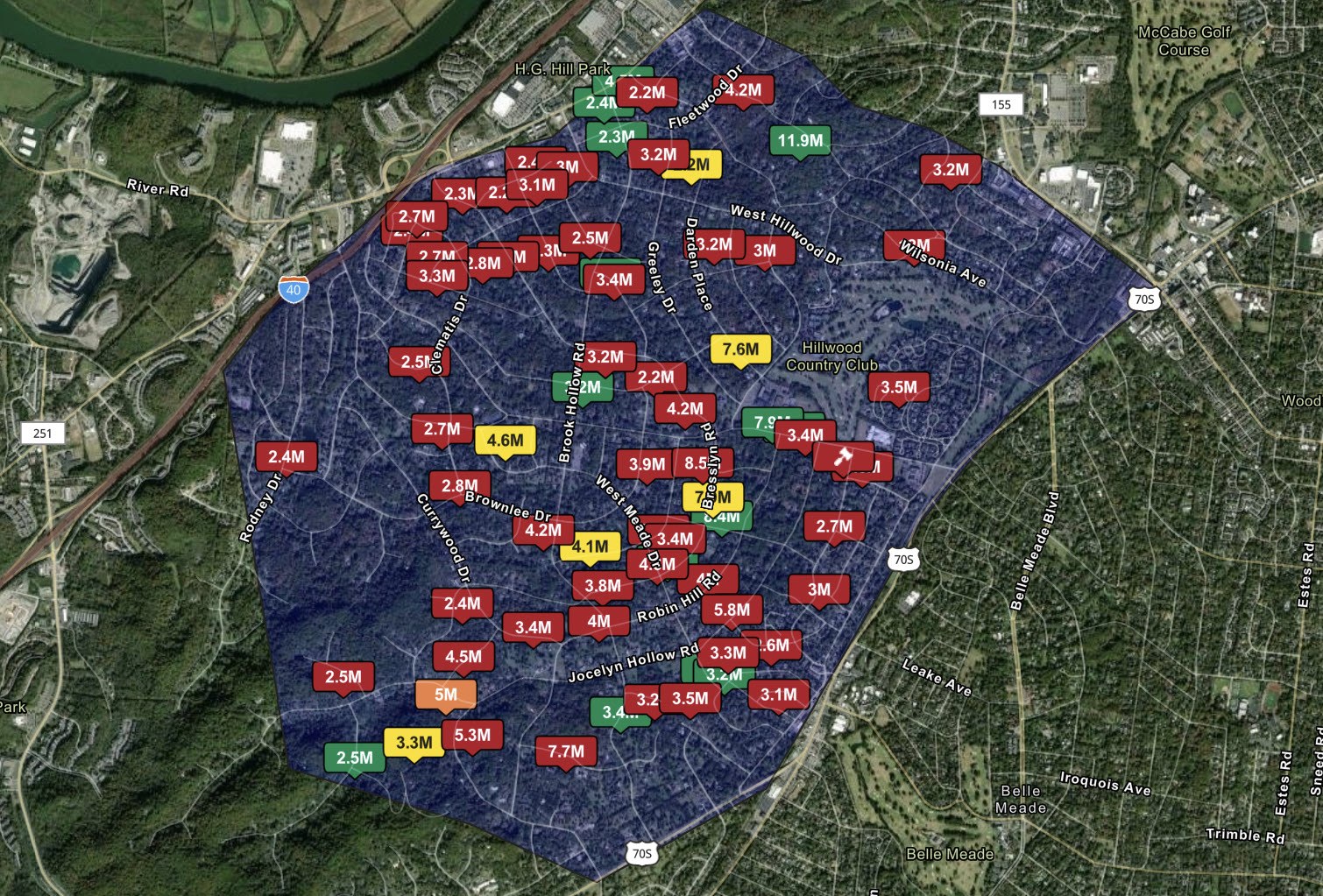 Hillwood and West Meade luxury home sales map Nashville showing homes over $2 million and 4,500 square feet in Davidson County