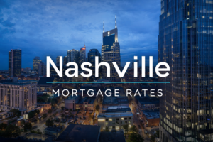 Nashville skyline at dusk with “Nashville Mortgage Rates” overlay representing current housing and interest rate trends in Middle Tennessee