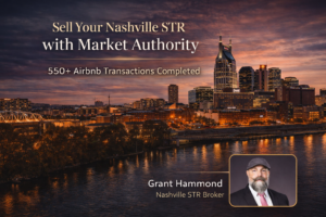 Sell My Nashville Airbnb hero image featuring Downtown Nashville skyline and 550 plus STR sales authority