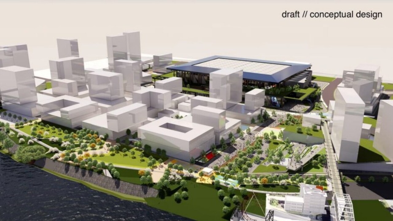 Conceptual rendering of the Tennessee Titans stadium within the East Bank redevelopment district in Nashville