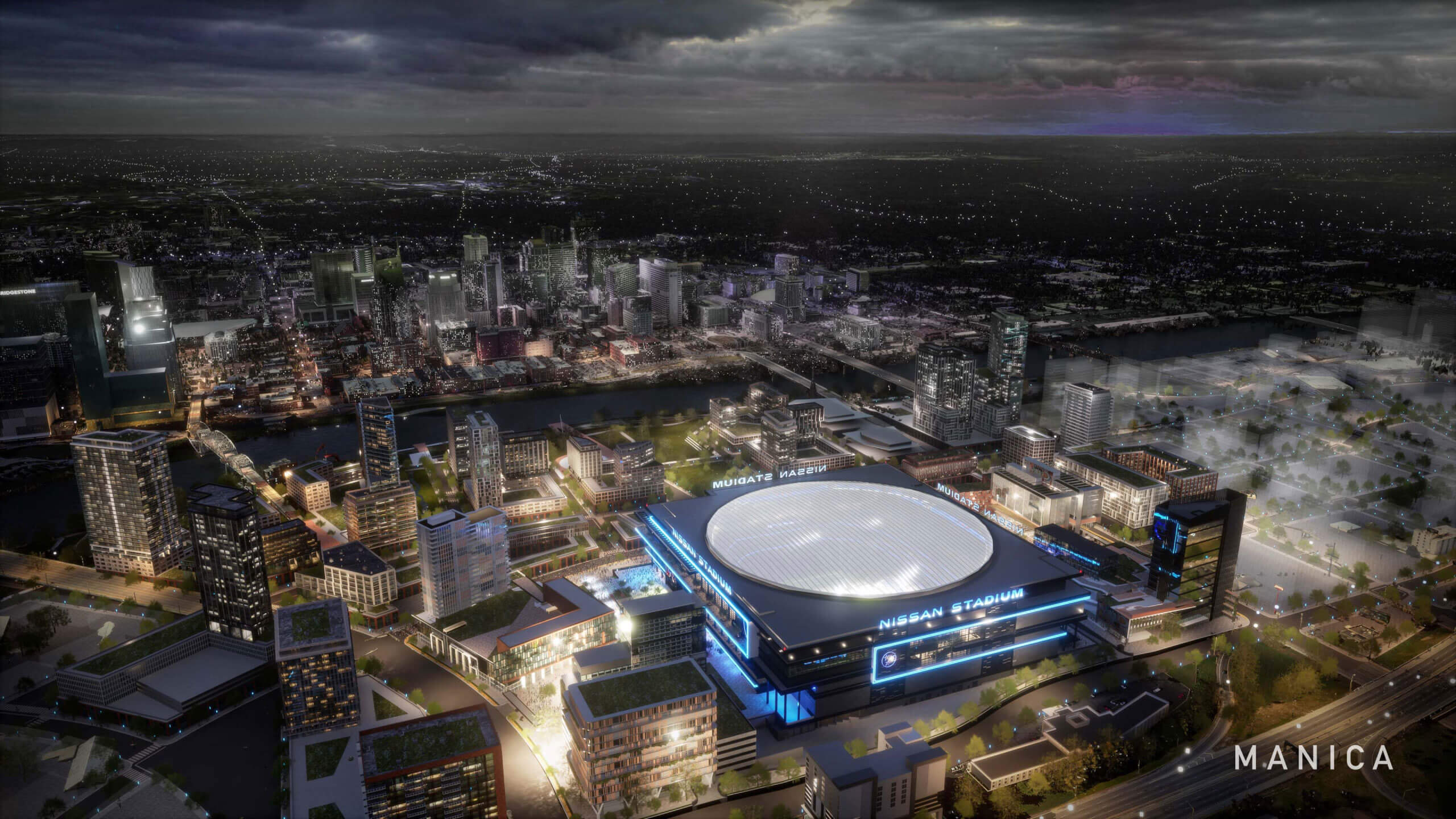 Aerial evening rendering of the completed domed Tennessee Titans stadium on Nashville’s East Bank