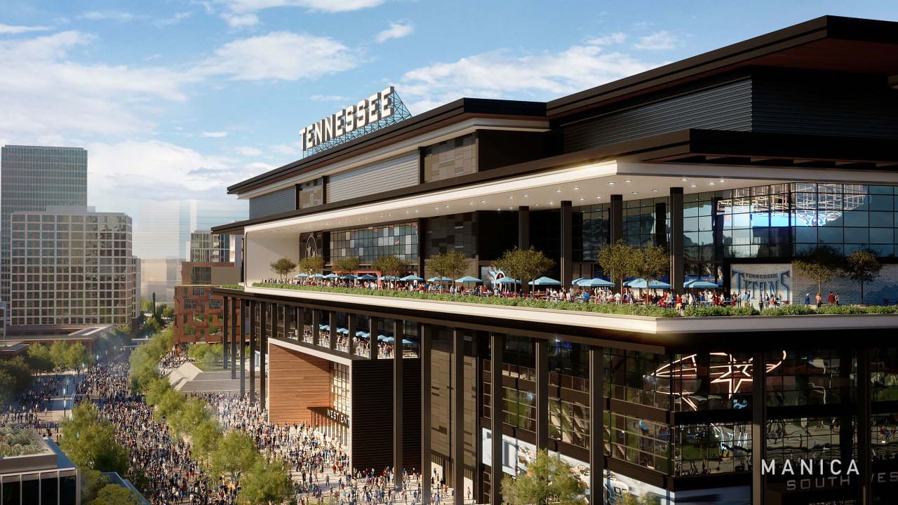 Daytime exterior rendering of the new Tennessee Titans stadium in downtown Nashville