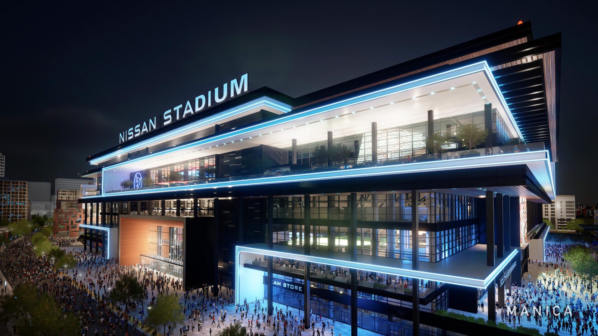 Exterior evening rendering of the new Tennessee Titans stadium illuminated in Nashville