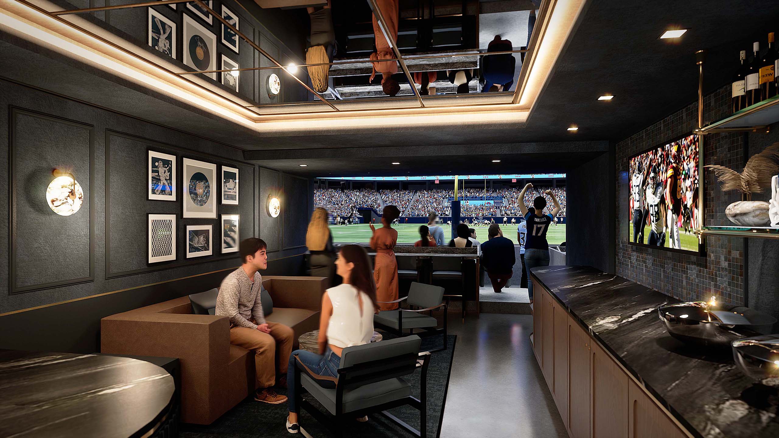 Luxury interior suite lounge inside the new Tennessee Titans stadium overlooking the field in Nashville