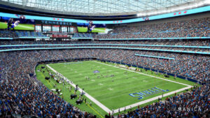Interior rendering of the new Tennessee Titans stadium during a football game with full crowd