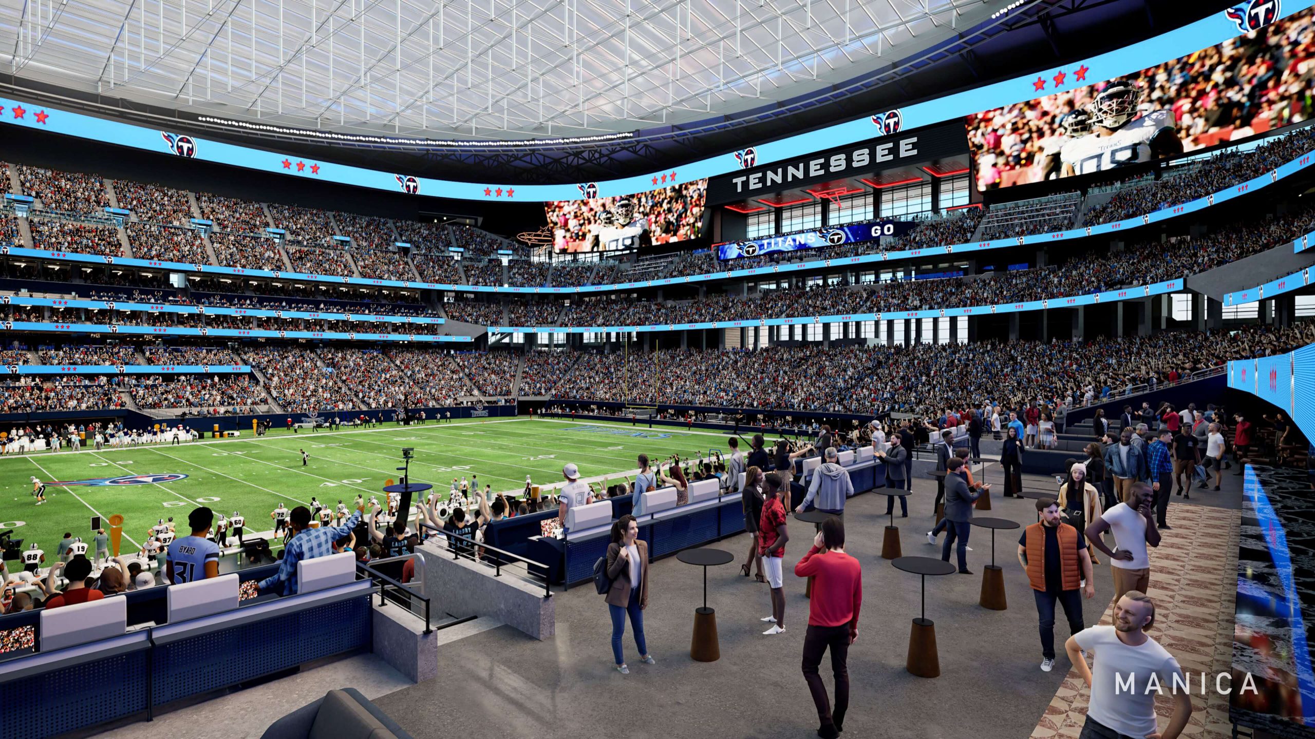 Wide interior concourse inside the new Tennessee Titans stadium during a football game
