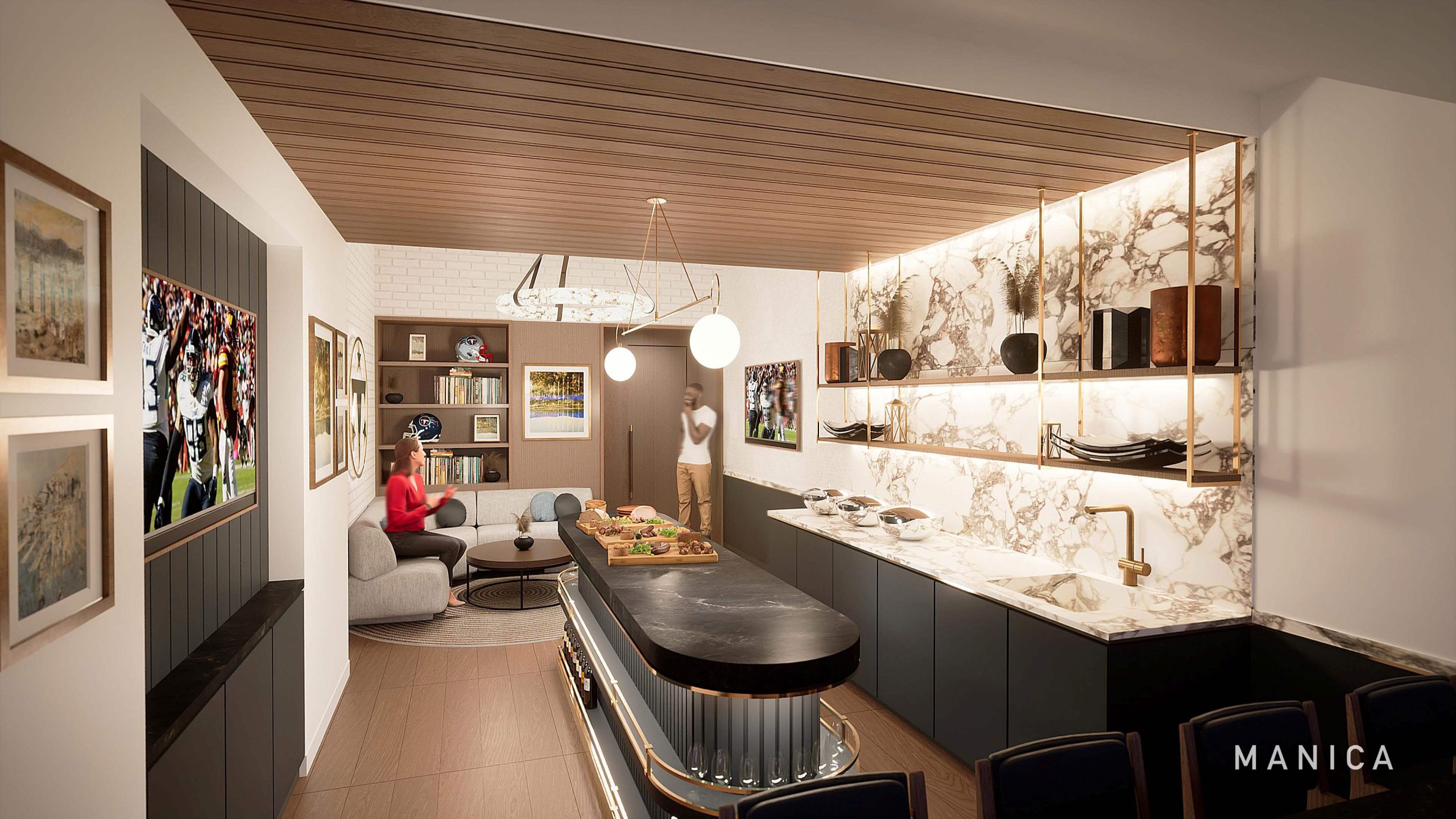 Private luxury suite kitchen and lounge inside the new Tennessee Titans stadium