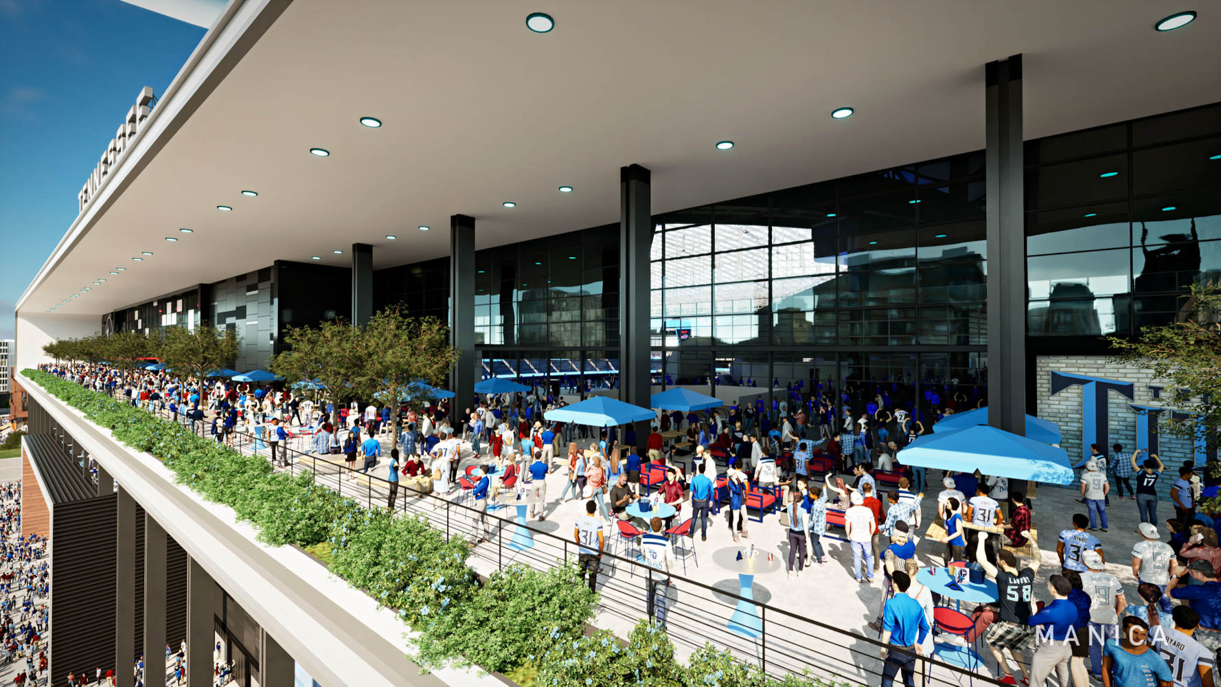 Outdoor dining terrace at the new Tennessee Titans stadium on Nashville’s East Bank with fans gathered before a game