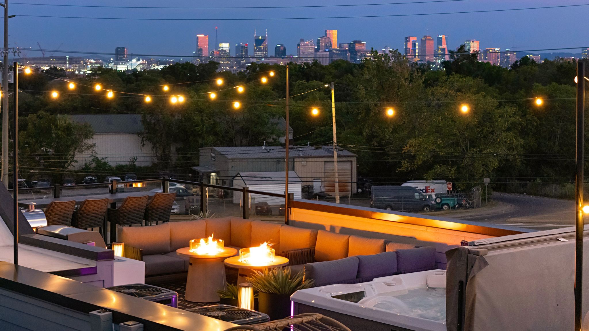 View from Horizon Nashville rooftop terrace overlooking Downtown Nashville skyline near River District