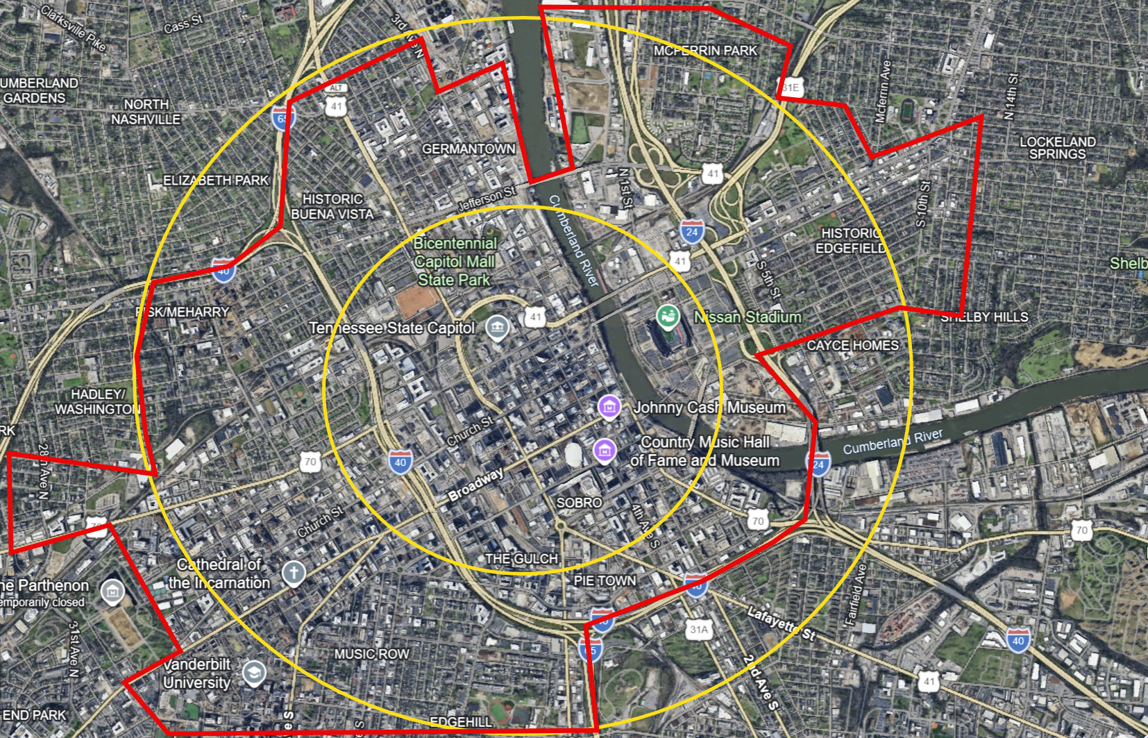 Nashville Airbnb investment corridors map showing areas within 2 miles of Broadway including Germantown Music Row Gulch and East Bank