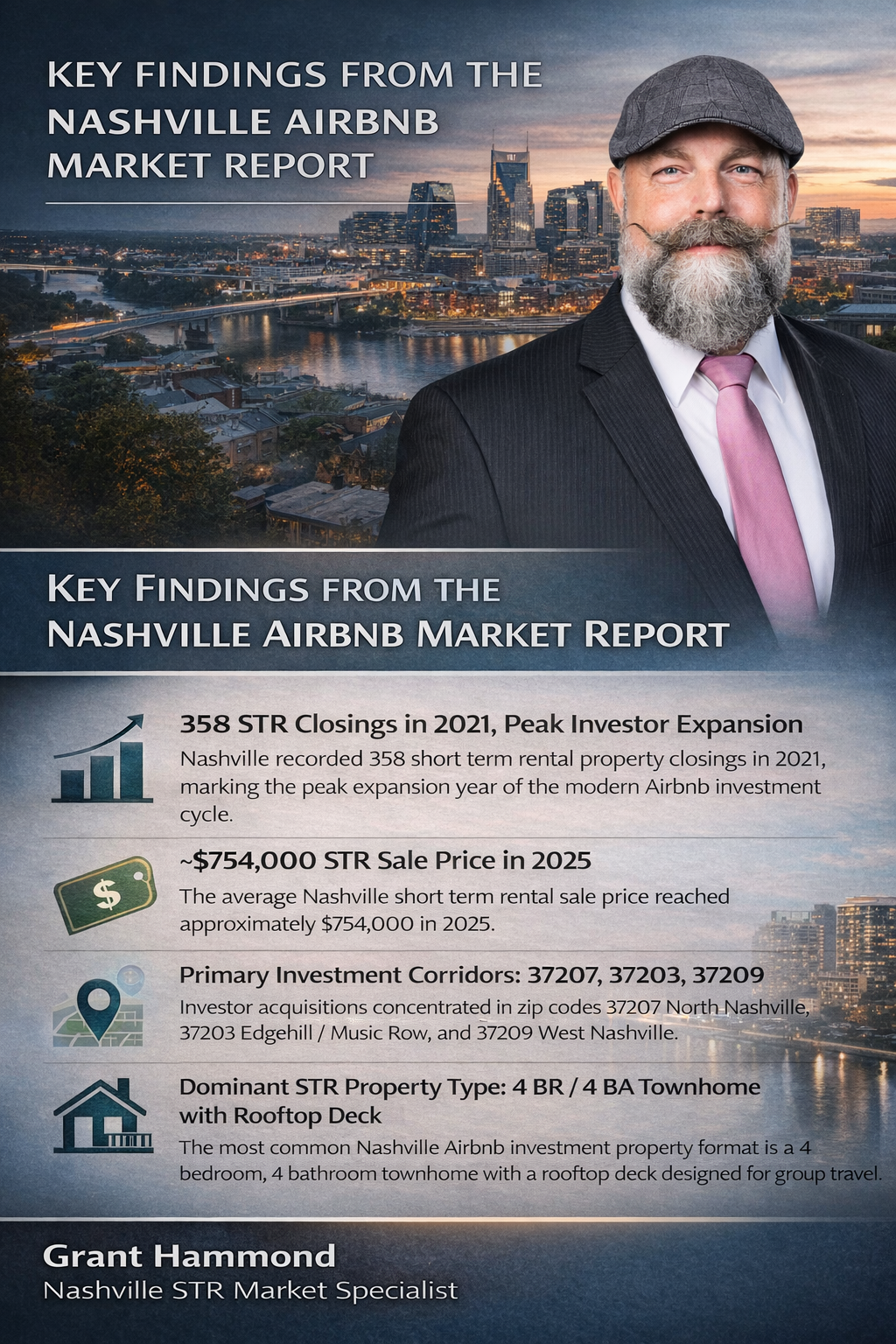 Key findings from the Nashville Airbnb market report showing STR transaction peak in 2021, average sale price near $754000 in 2025, and major investment corridors in Nashville Tennessee
