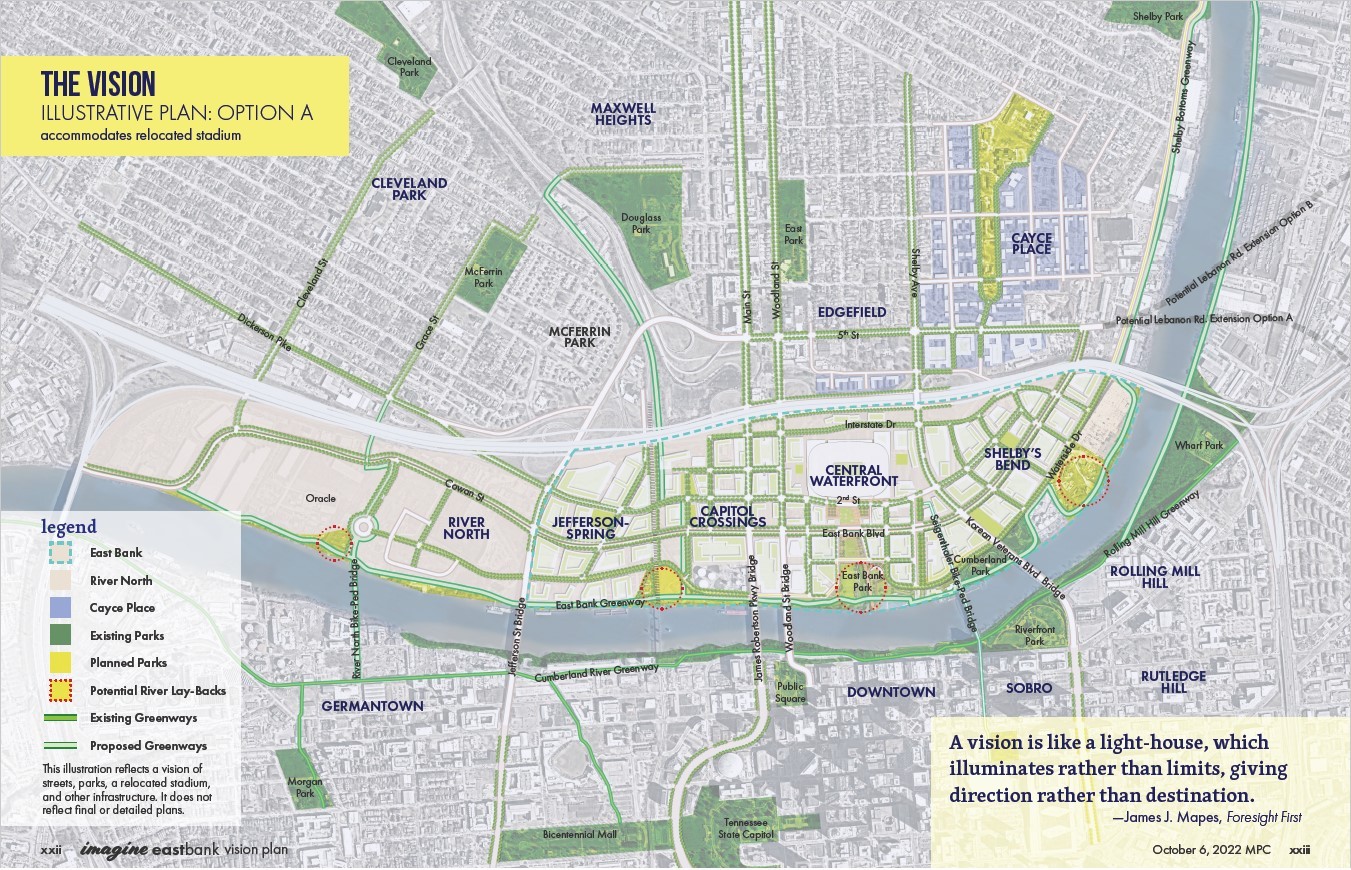 East Bank Nashville master plan map illustrating major redevelopment zones and Nashville real estate market trends