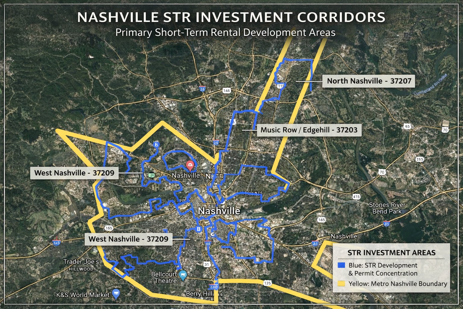 Map showing Nashville short term rental investment corridors concentrated in 37207 37203 and 37209 near downtown Nashville