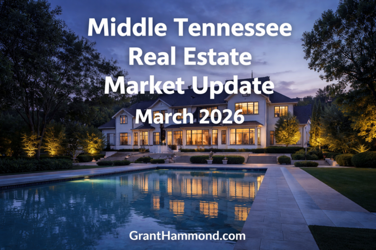 Middle Tennessee real estate market update March 2026 vertical image showing Nashville housing market trends and luxury home