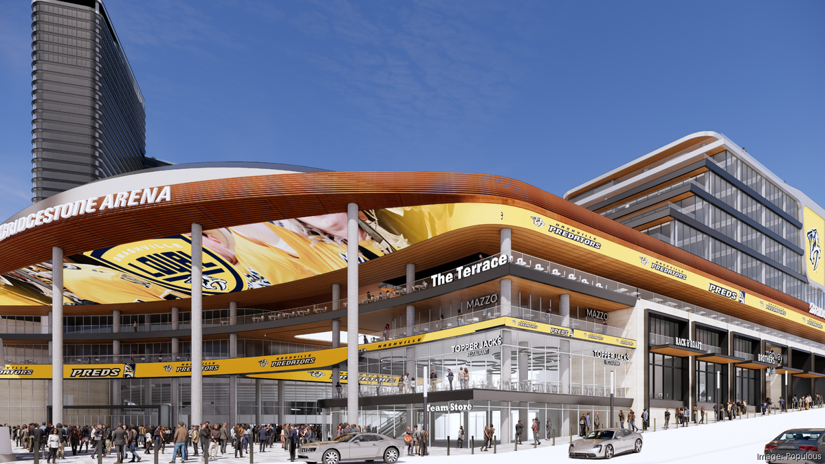 Nashville real estate news showing Bridgestone Arena renovation rendering in downtown Nashville