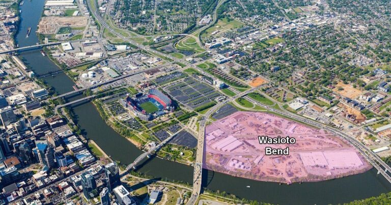 Aerial view of East Bank Nashville showing Wasioto Bend redevelopment site near Nissan Stadium and downtown skyline