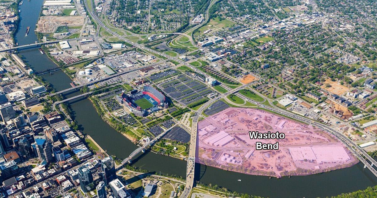 Aerial view of East Bank Nashville showing Wasioto Bend redevelopment site near Nissan Stadium and downtown skyline