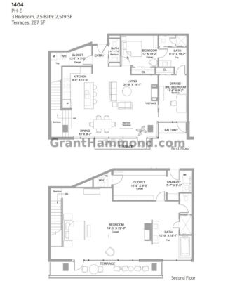 Terrazzo Nashville PH 1404 penthouse floor plan with 3 bedrooms, 2.5 bathrooms, and large terrace