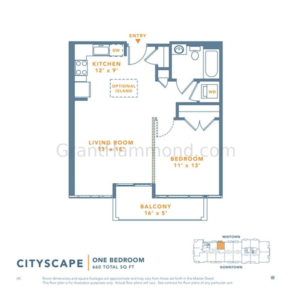 Icon in the Gulch Cityscape floor plan Nashville 1 bedroom condo layout