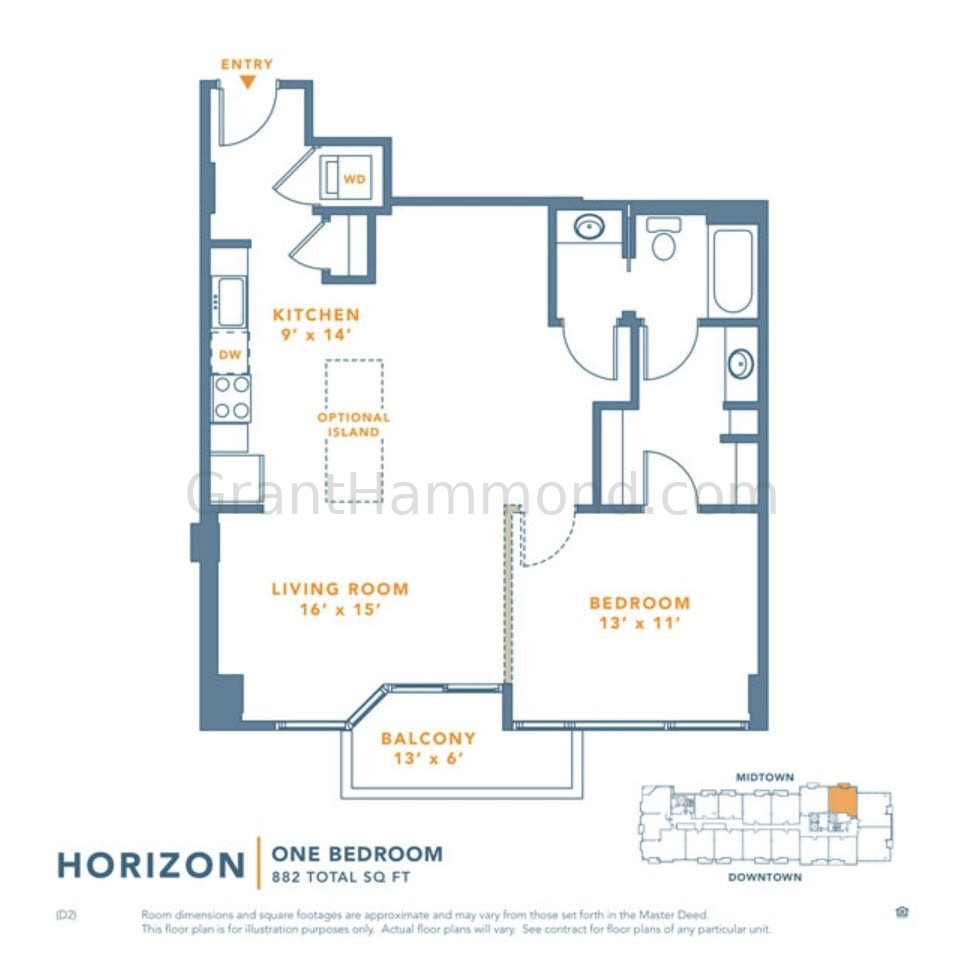 Icon in the Gulch Horizon floor plan Nashville 1 bedroom condo layout
