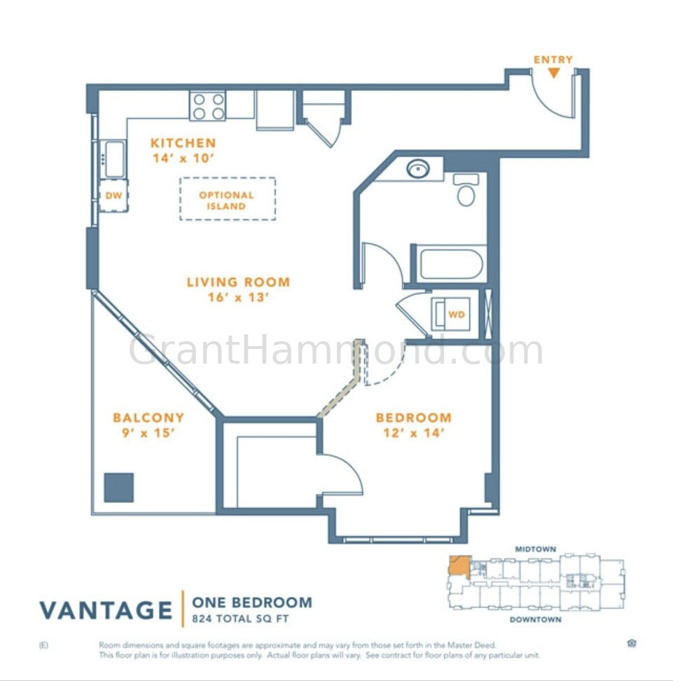 Icon in the Gulch Vantage floor plan Nashville 1 bedroom condo layout