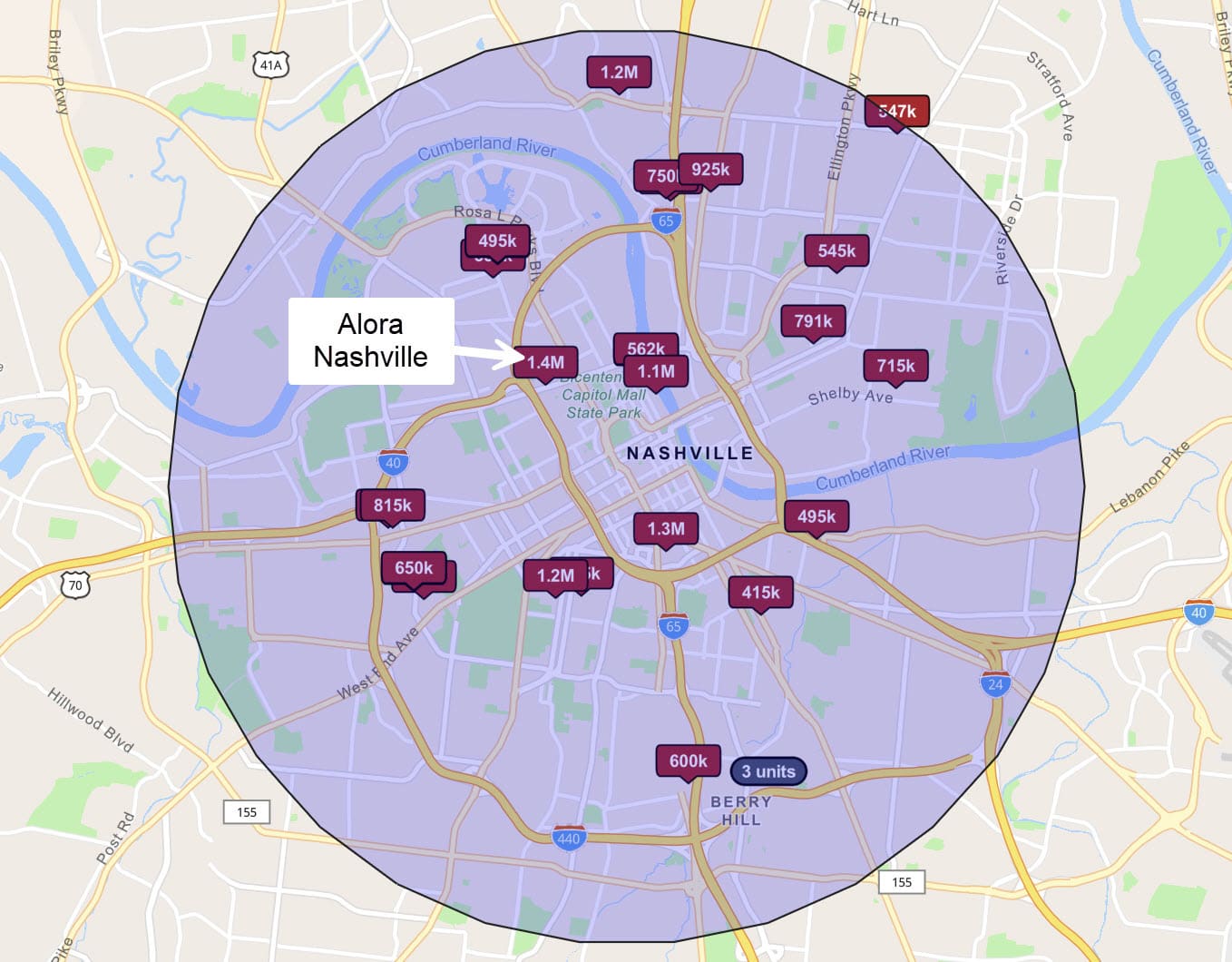 Nashville Airbnb investment map showing 4-mile radius around downtown with NOOSTR-eligible commercial-zoned districts