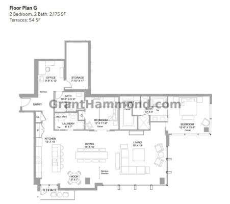 Terrazzo Nashville floor plan G showing spacious 2 bedroom layout with office and large living area