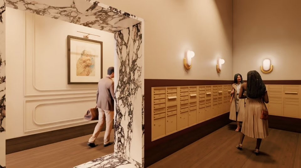 Heritage at Broadway Nashville luxury lobby and mailroom rendering, downtown Nashville premium new construction