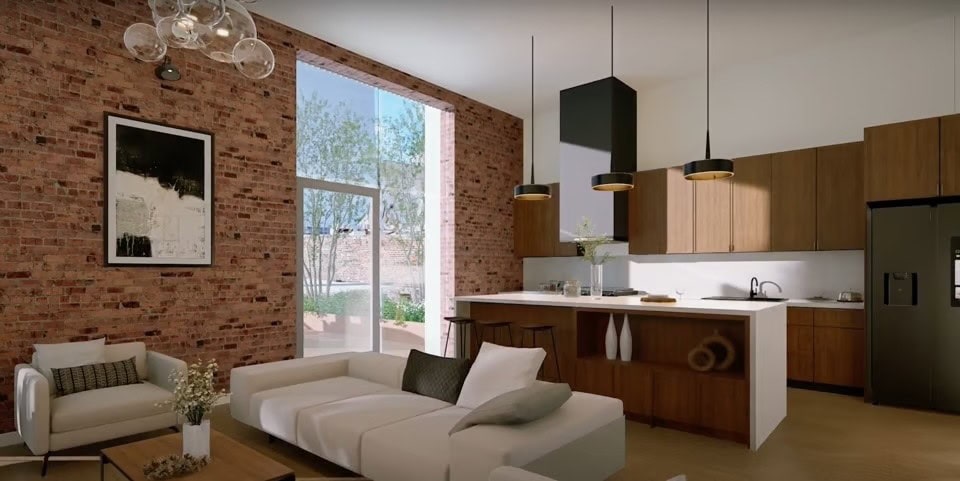 Heritage at Broadway Nashville modern unit living and kitchen rendering, downtown Nashville luxury Airbnb investment