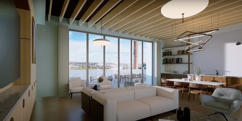 Heritage at Broadway Nashville penthouse great room rendering with downtown Nashville skyline view