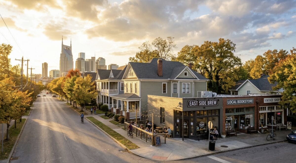 East Nashville district view across the Cumberland River from Downtown Nashville showing the Five Points and Lockeland Springs historic core