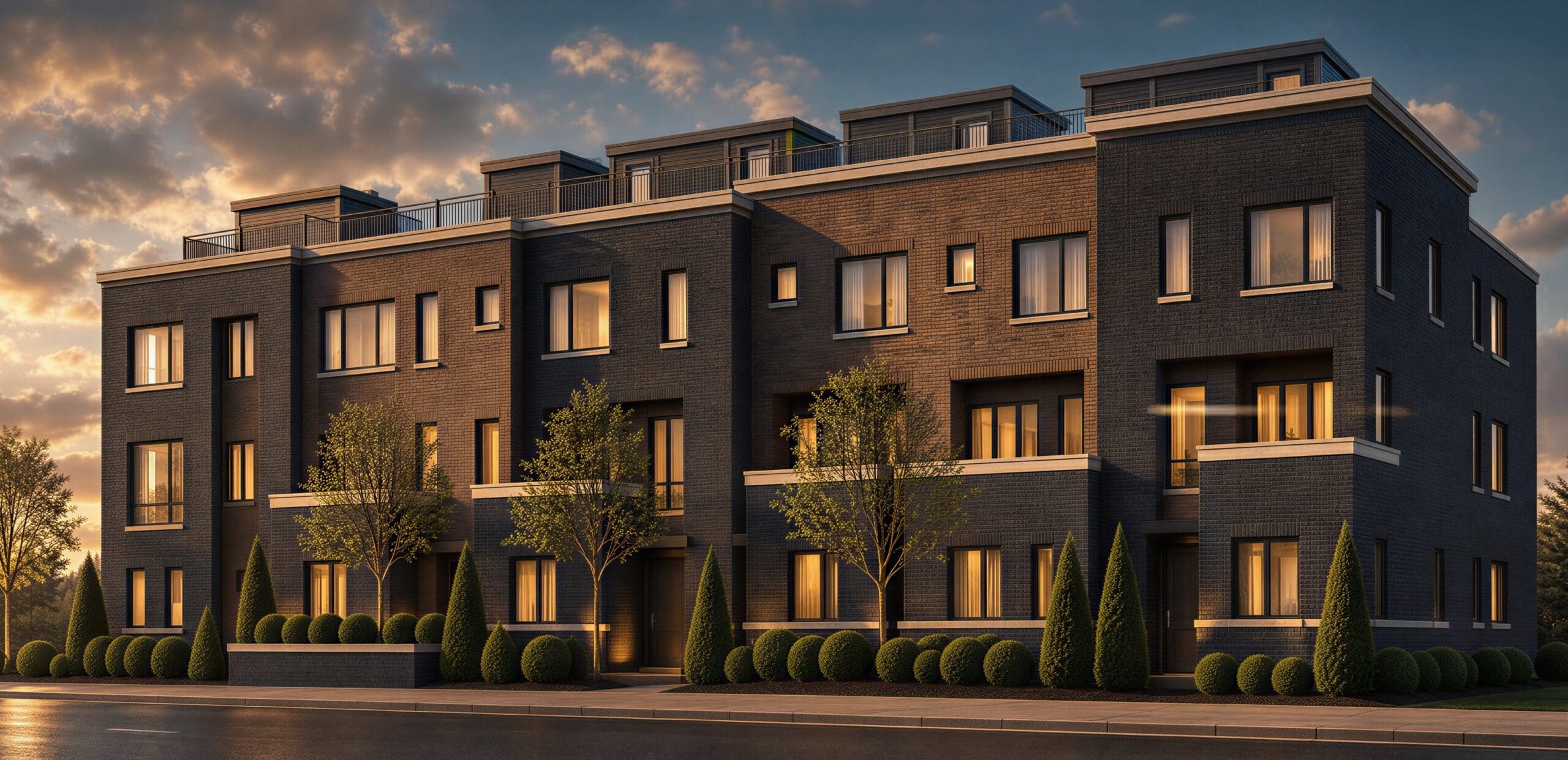 Hanover Germantown luxury city home development landscape design with brick exteriors and integrated landscaping, 52 attached homes across a full city block