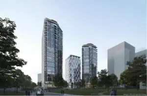 Rendering of Park Place at 203 Peabody Street showing The Congress Group three-tower SoBro project anchored by Equinox Hotels