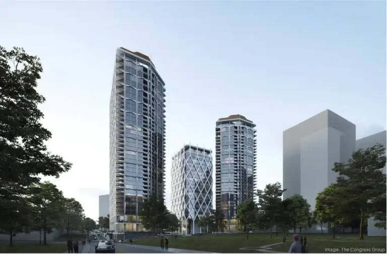 Rendering of Park Place at 203 Peabody Street showing The Congress Group three-tower SoBro project anchored by Equinox Hotels