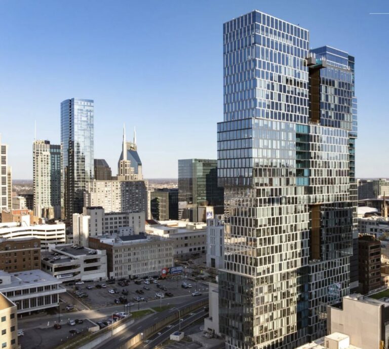 Nashville real estate stories May 3 2026: Alcove apartment tower at 900 Church Street, the 34-story 356-unit downtown high-rise listed for sale through Newmark, shown with the AT&T Building skyline in background