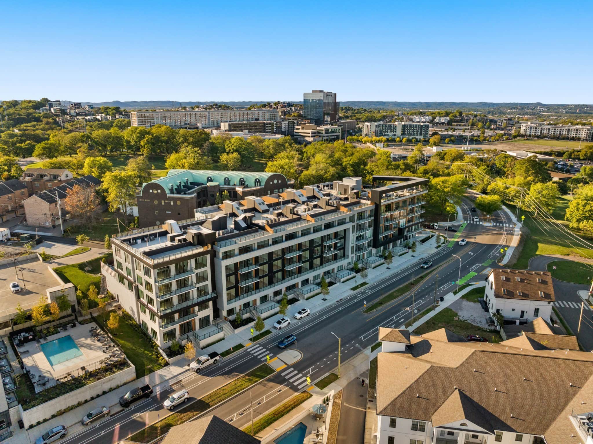 West End Nashville aerial showing Athena at the Park, Centennial Park, and the Vanderbilt corridor