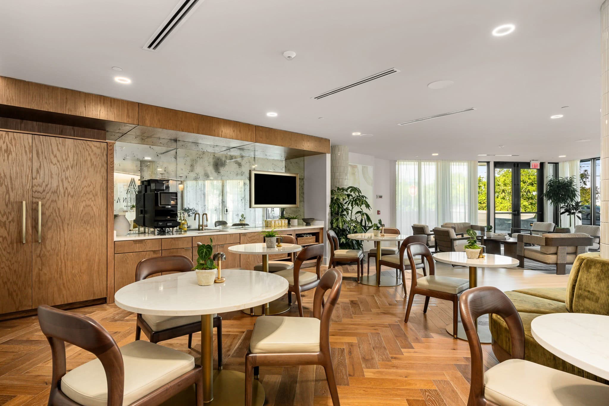Coffee bar and co-working seating at Athena at the Park, West End Nashville luxury new construction