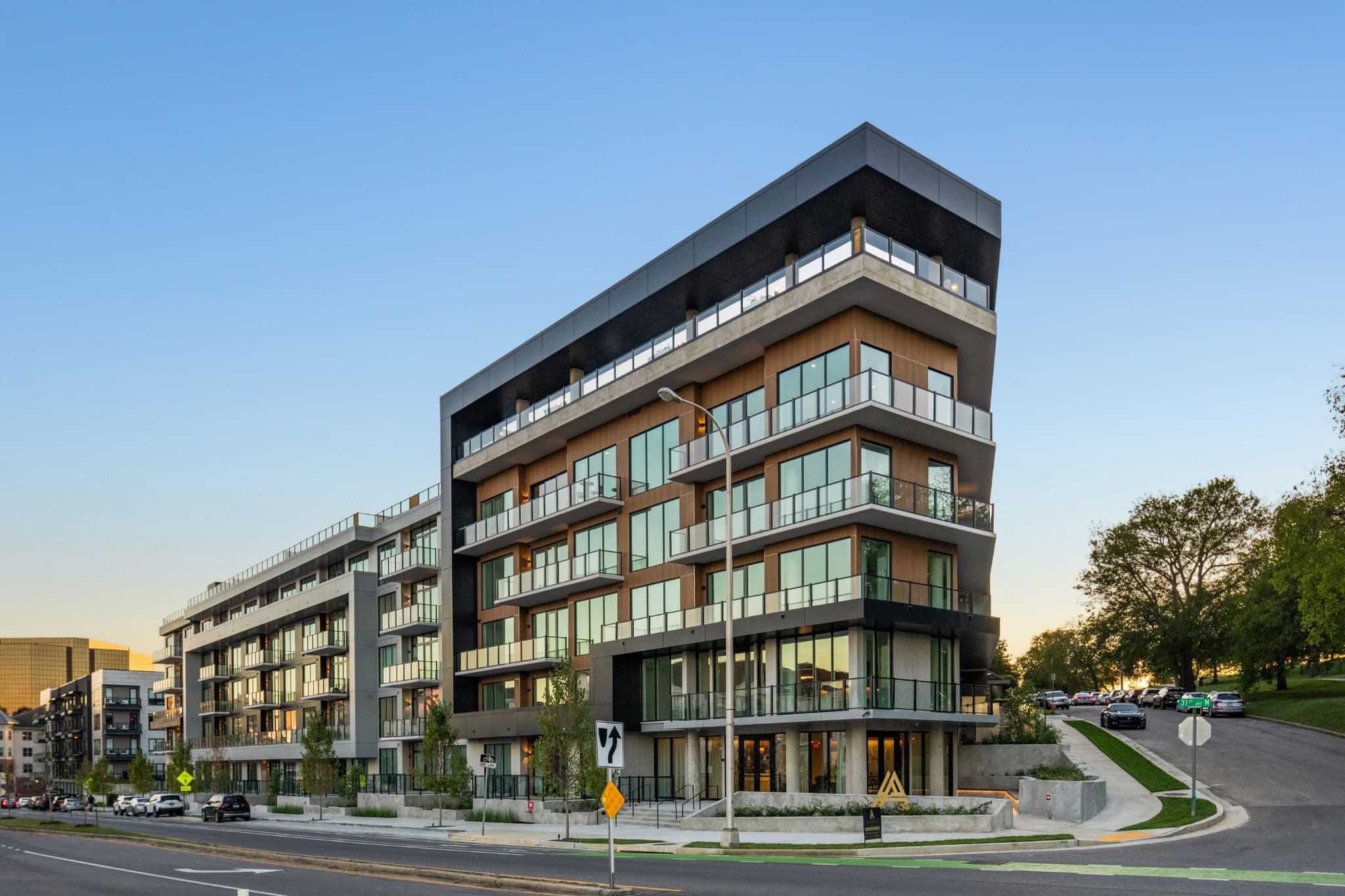 Athena at the Park five-story luxury condominium building at 321 31st Avenue North in West End Nashville at dusk