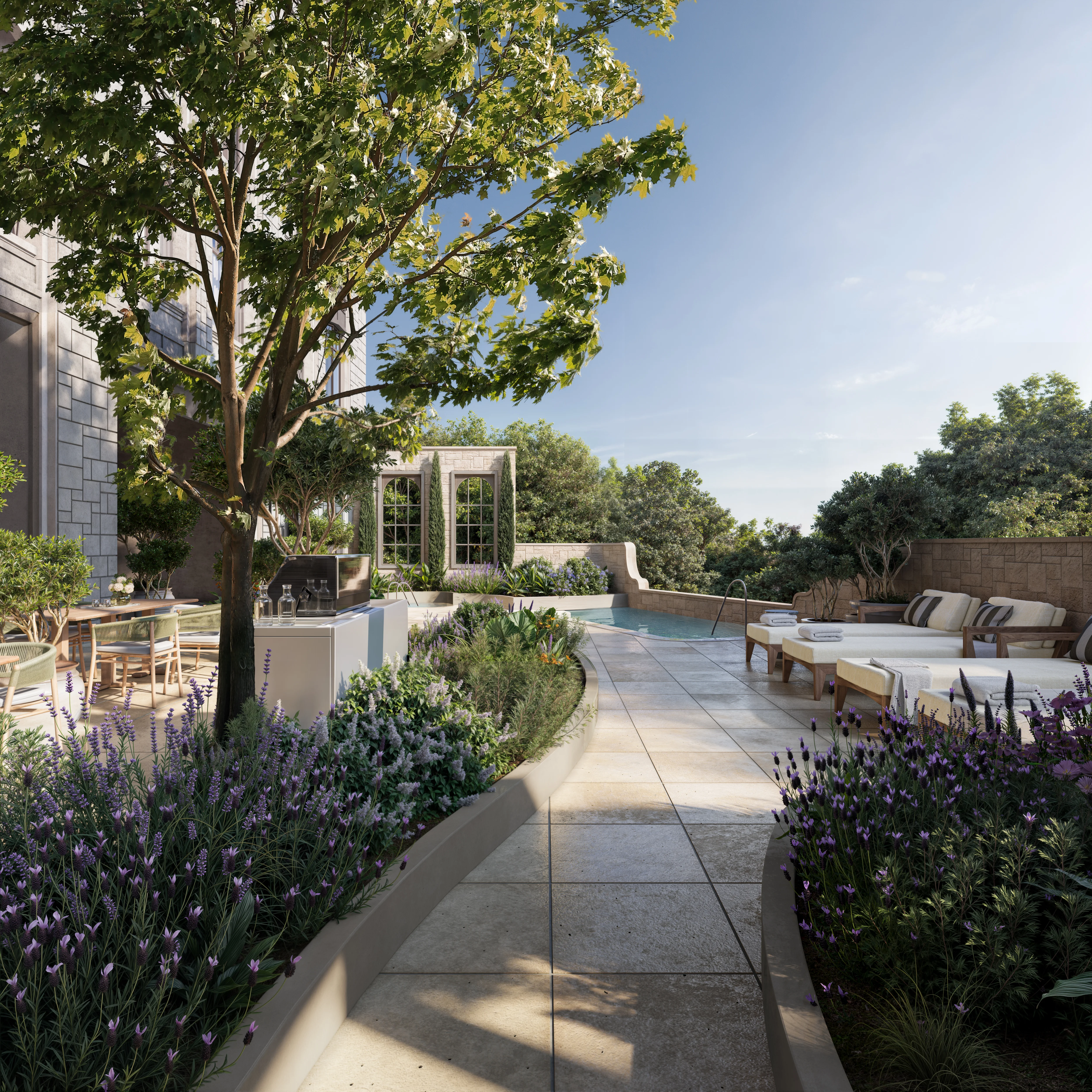 Belle Meade Village 1 Iris Lane pool deck and 5-acre private park rendering by AJ Capital Partners