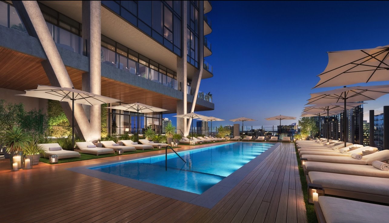 Edition Residences Nashville rooftop pool deck rendering with skyline views from upper amenity floor
