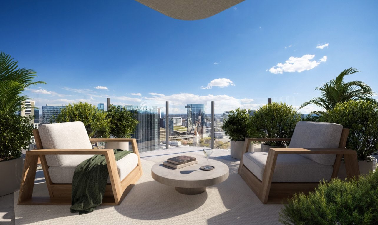 Edition Residences Nashville rooftop pool deck rendering with sunset skyline views
