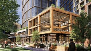 Fallon Eastpoint Parcel C East Bank rendering showing timber retail pavilion 1.5-acre central plaza and 600-room hotel May 2026