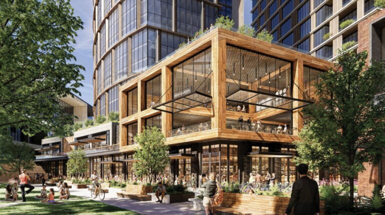 Fallon Eastpoint Parcel C East Bank rendering showing timber retail pavilion 1.5-acre central plaza and 600-room hotel May 2026