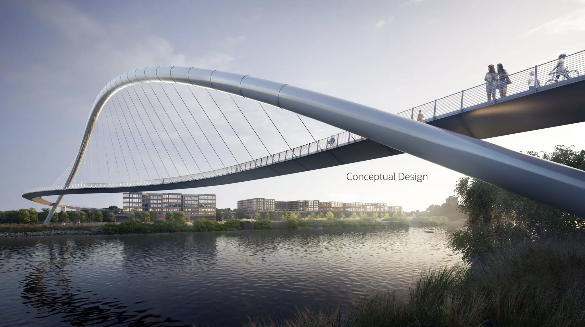 Conceptual rendering of Oracle's planned pedestrian bridge over the Cumberland River by Foster and Partners, connecting the River North campus on the East Bank to the Neuhoff development in Germantown Nashville