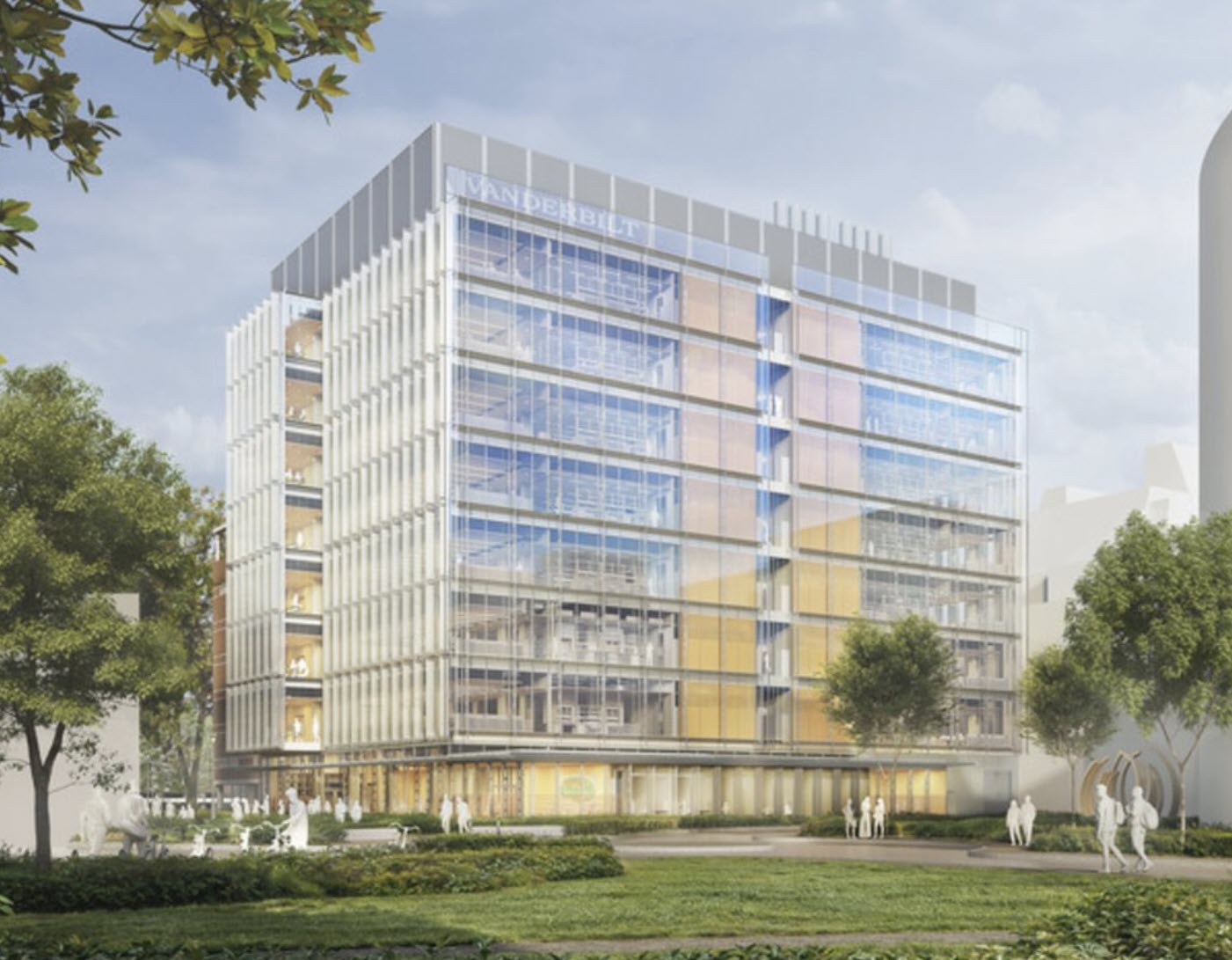 Architectural rendering of Vanderbilt University Stevenson Center 6, a 10-story 200,000-square-foot research facility designed by DLR Group in Midtown Nashville, with VANDERBILT signage on the full-glass façade