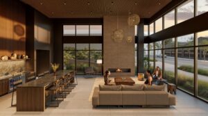 Modernest WeHo lobby entry at 1425 4th Avenue South, 129-unit Wedgewood-Houston Airbnb-eligible condo development designed by Studio APA