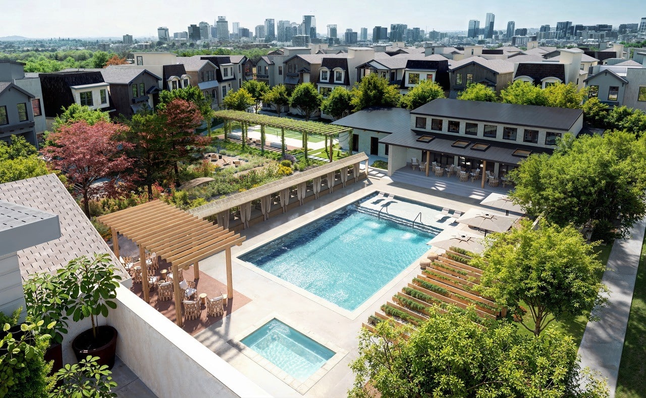 Aerial rendering of Solaya at the Lanes, a 154-home wellness community in North Nashville with pool, Community Haus, and townhomes