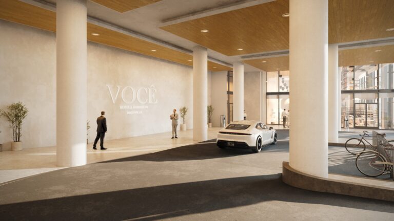 VOCE Nashville porte cochere arrival at 1717 Hayes Street, Midtown condo hotel entry with valet capacity