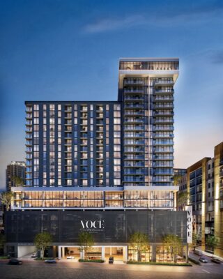 VOCE Hotel and Residences Nashville exterior at 1717 Hayes Street, 25-story Midtown condo hotel tower with 192 residences and 116 hotel suites by Vastland Company
